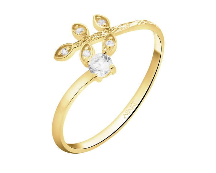 Złoty pierścionek z cyrkoniami - liść