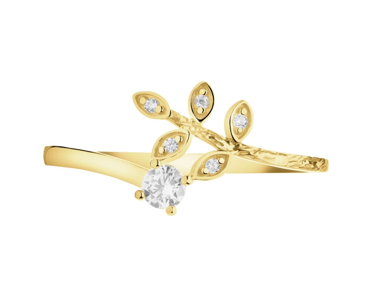 Złoty pierścionek z cyrkoniami - liść