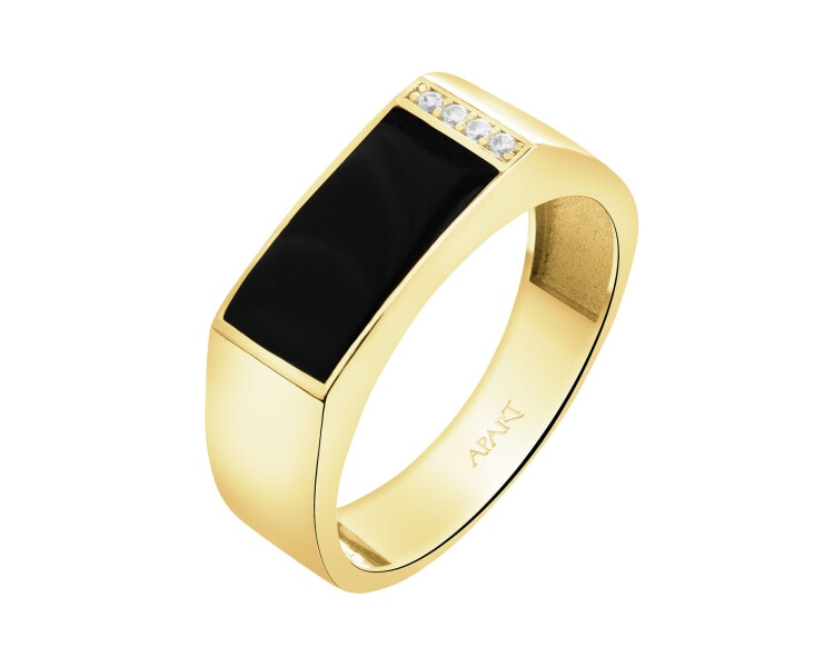 Złoty pierścionek z emalią i cyrkoniami - sygnet