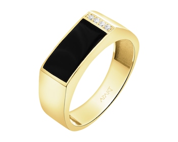 Złoty pierścionek z emalią i cyrkoniami - sygnet