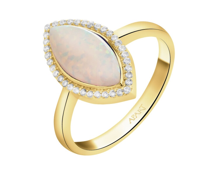 Złoty pierścionek z opalitem i cyrkoniami