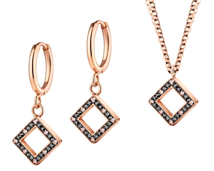 Kolczyki i naszyjnik ze stali szlachetnej z markasytami - komplet - kwadraty
