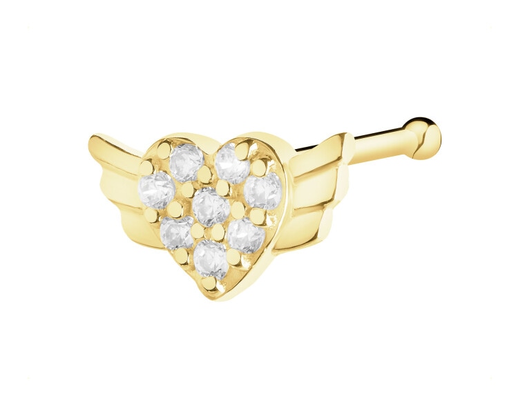 Pojedynczy złoty kolczyk z cyrkoniami do nosa - serce, skrzydła
