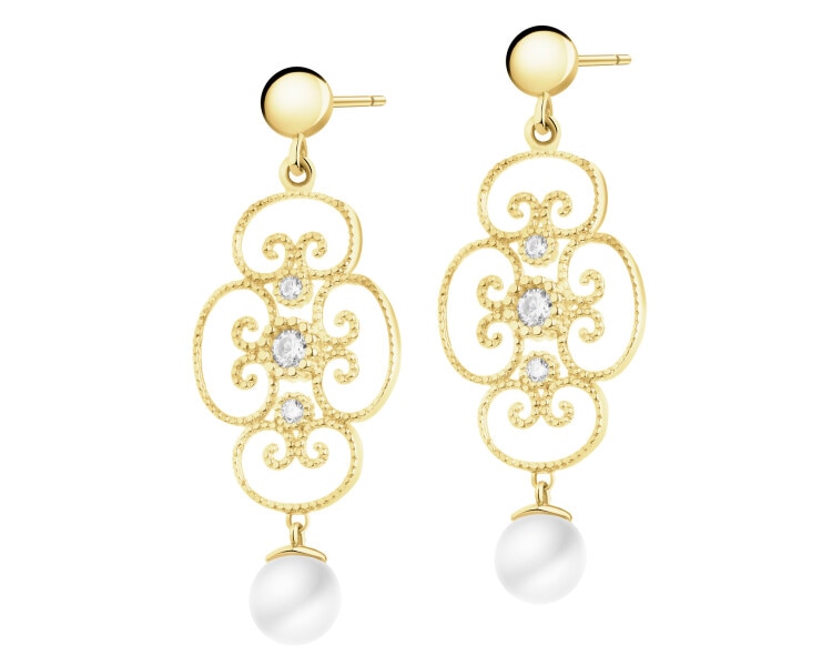 Złote kolczyki z perłami i cyrkoniami