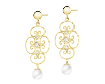 Złote kolczyki z perłami i cyrkoniami