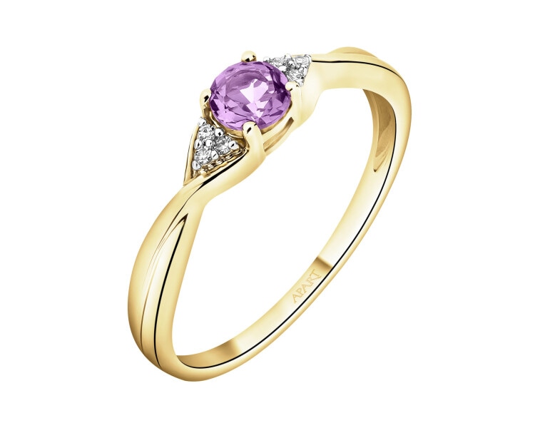 Pierścionek z żółtego złota z diamentami i ametystem - próba 375