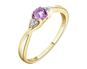 Pierścionek z żółtego złota z diamentami i ametystem - próba 375