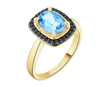 Pierścionek z żółtego złota z czarnymi brylantami i topazem - próba 585