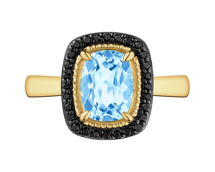 Pierścionek z żółtego złota z czarnymi brylantami i topazem - próba 585