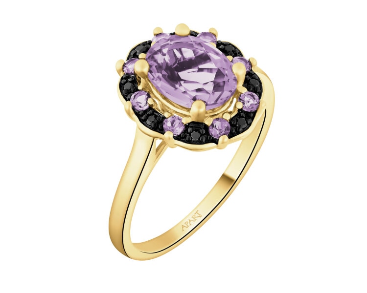 Pierścionek z żółtego złota z czarnymi brylantami i ametystami - próba 585