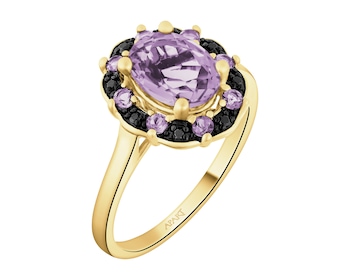 Pierścionek z żółtego złota z czarnymi brylantami i ametystami - próba 585