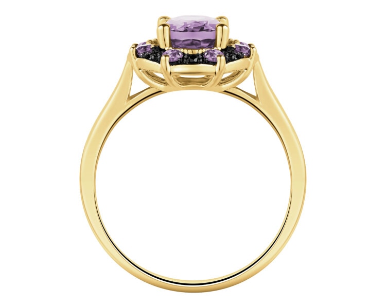 Pierścionek z żółtego złota z czarnymi brylantami i ametystami - próba 585