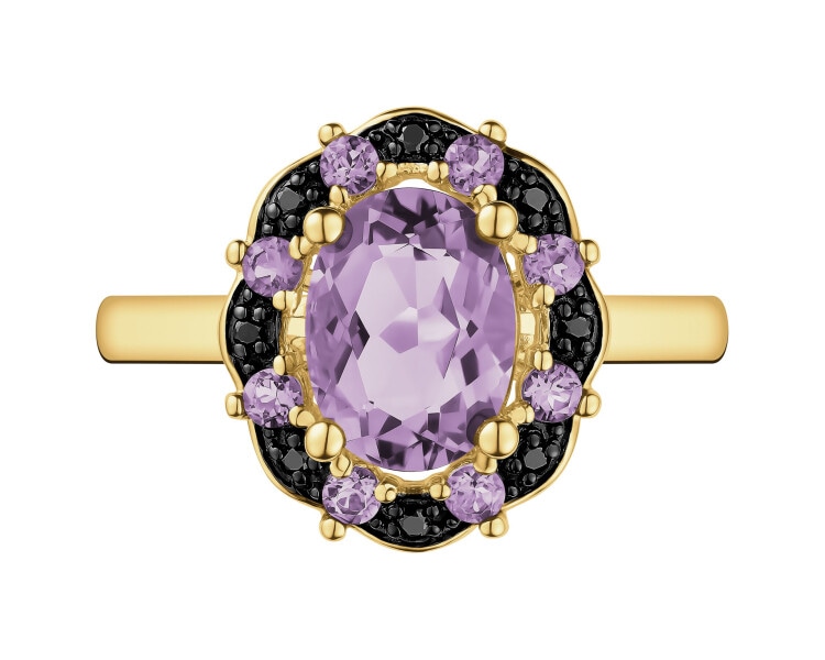 Pierścionek z żółtego złota z czarnymi brylantami i ametystami - próba 585