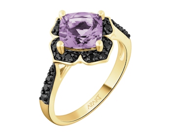Pierścionek z żółtego złota z czarnymi brylantami i ametystem - próba 585