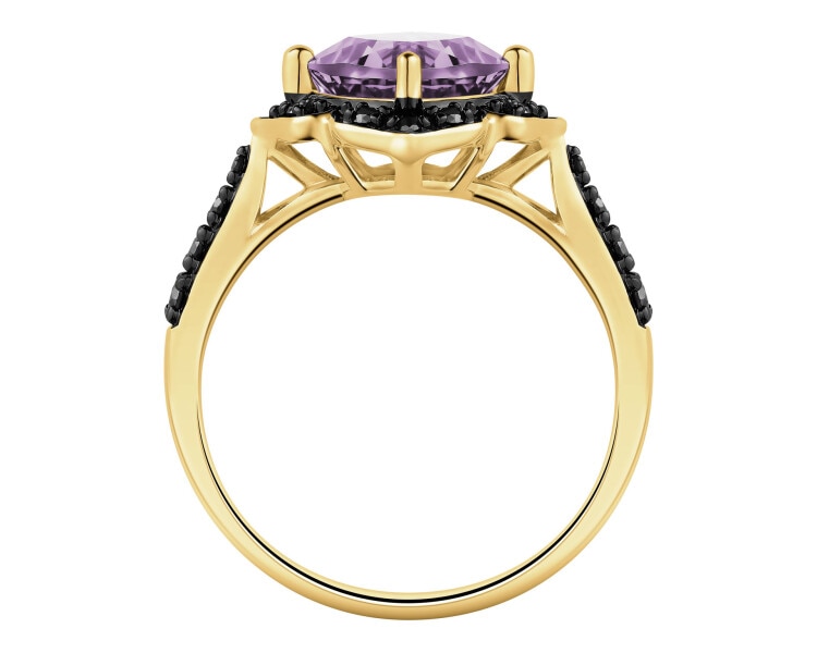 Pierścionek z żółtego złota z czarnymi brylantami i ametystem - próba 585