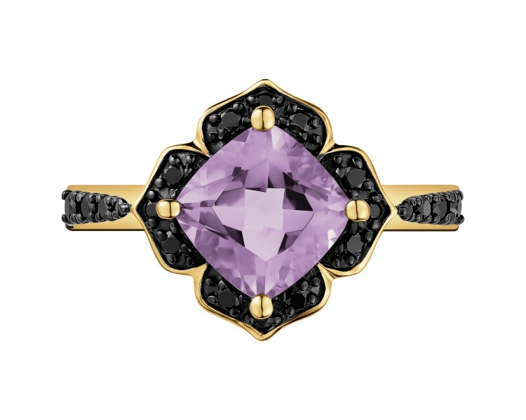Pierścionek z żółtego złota z czarnymi brylantami i ametystem - próba 585