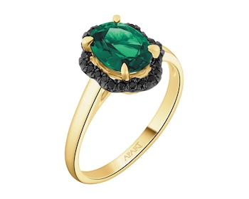 Pierścionek z żółtego złota   z czarnymi brylantami i szmaragdem syntetycznym - próba 585