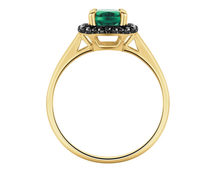 Pierścionek z żółtego złota   z czarnymi brylantami i szmaragdem syntetycznym - próba 585