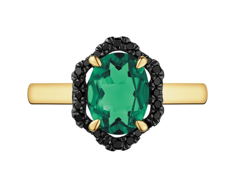 Pierścionek z żółtego złota   z czarnymi brylantami i szmaragdem syntetycznym - próba 585