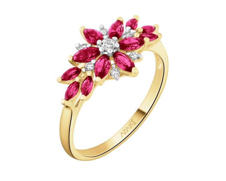 Pierścionek z żółtego złota z brylantami i rubinami syntetycznymi - próba 585