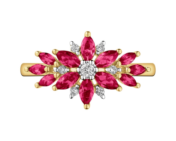 Pierścionek z żółtego złota z brylantami i rubinami syntetycznymi - próba 585