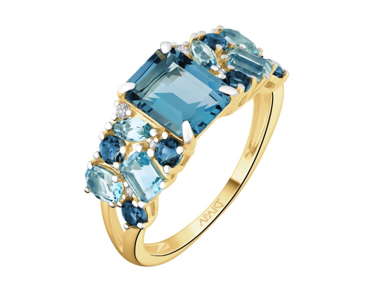 Pierścionek z żółtego złota z brylantami i topazami - próba 585