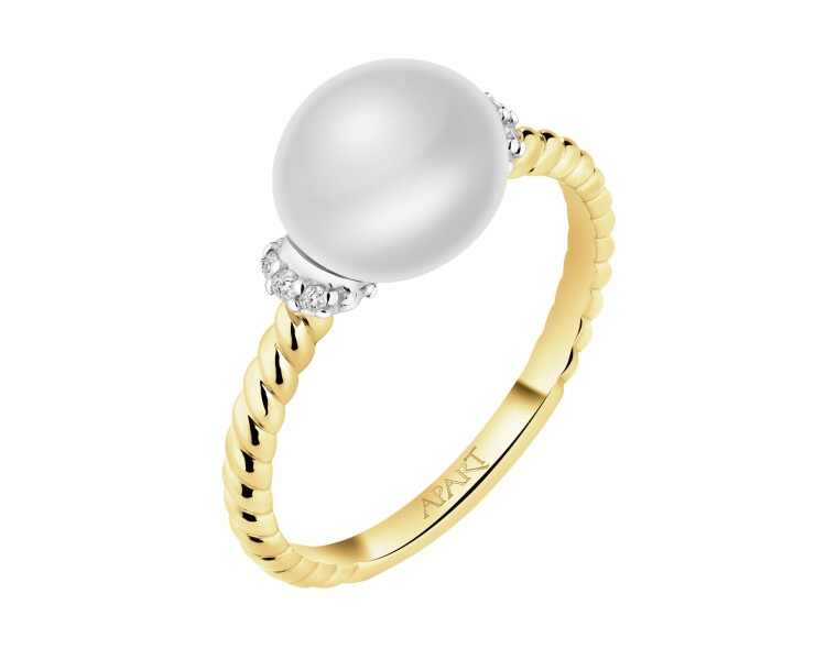 Pierścionek z żółtego złota z diamentami i perłą - próba 585