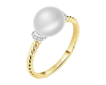 Pierścionek z żółtego złota z diamentami i perłą - próba 585