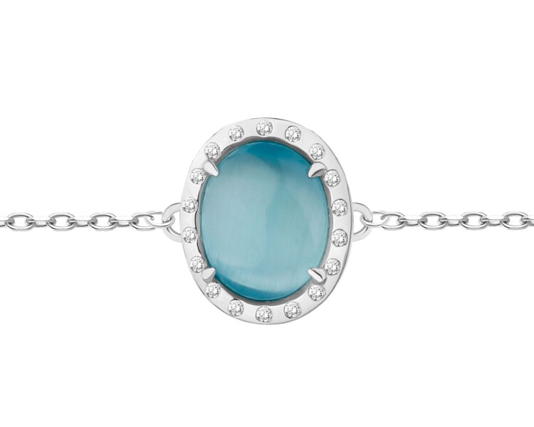 Bransoletka srebrna z cyrkoniami i kamieniem jubilerskim z efektem kociego oka