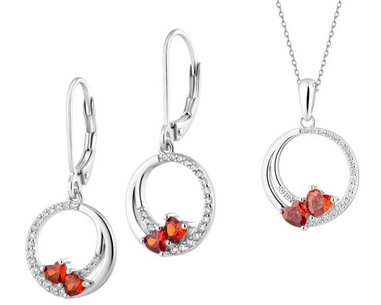 Srebrne kolczyki i zawieszka z cyrkoniami - komplet - serca, koła