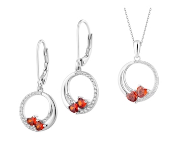 Srebrne kolczyki i zawieszka z cyrkoniami - komplet - serca, koła