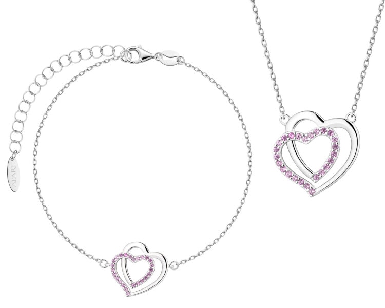 Srebrna bransoletka i naszyjnik z cyrkoniami - komplet - serce
