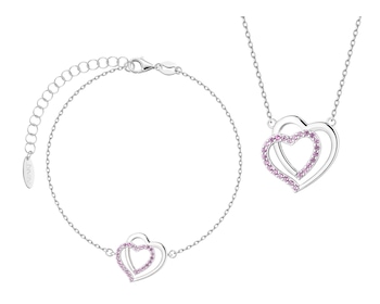 Srebrna bransoletka i naszyjnik z cyrkoniami - komplet - serce