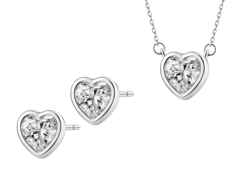 Srebrne kolczyki i naszyjnik z cyrkoniami - komplet - serca