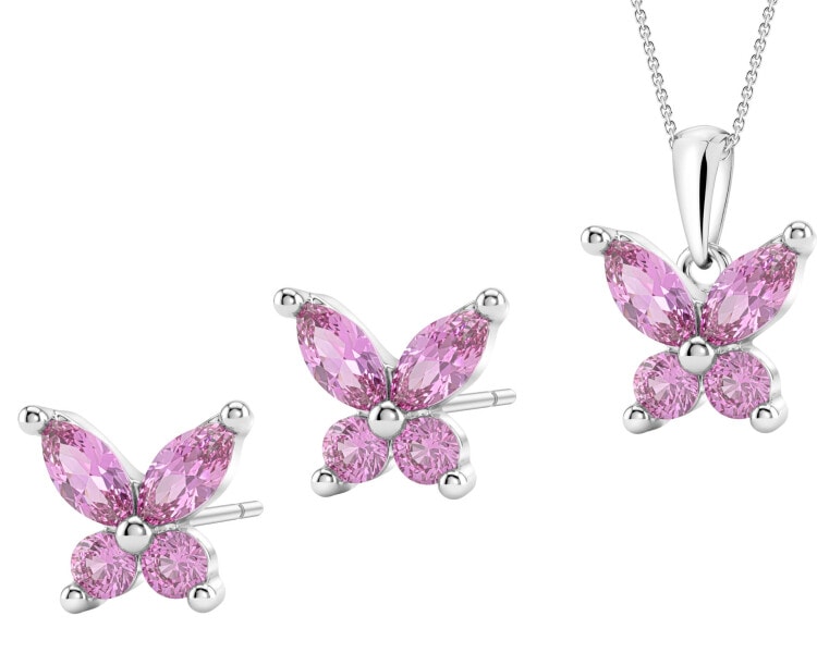 Srebrne kolczyki i zawieszka z cyrkoniami - komplet - motyle