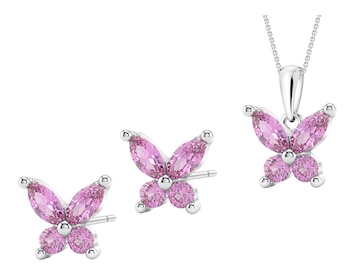 Srebrne kolczyki i zawieszka z cyrkoniami - komplet - motyle
