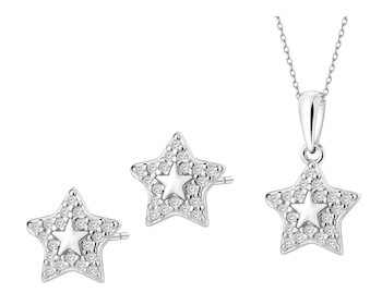 Srebrne kolczyki i zawieszka z cyrkoniami - komplet - gwiazdy