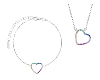 Srebrna bransoletka i naszyjnik z cyrkoniami - komplet - serce