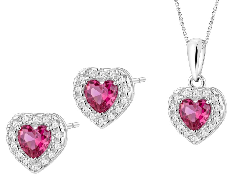 Srebrne kolczyki i zawieszka z cyrkoniami i szlifowanym szkłem - komplet - serca