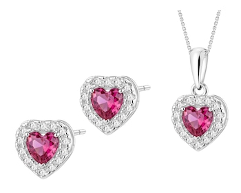 Srebrne kolczyki i zawieszka z cyrkoniami i szlifowanym szkłem - komplet - serca