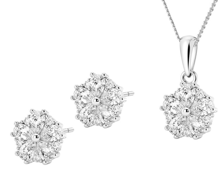 Srebrne kolczyki i zawieszka z cyrkoniami, łańcuszek - komplet