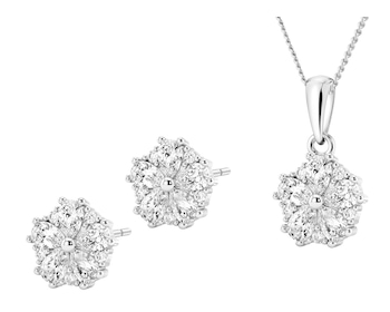 Srebrne kolczyki i zawieszka z cyrkoniami, łańcuszek - komplet