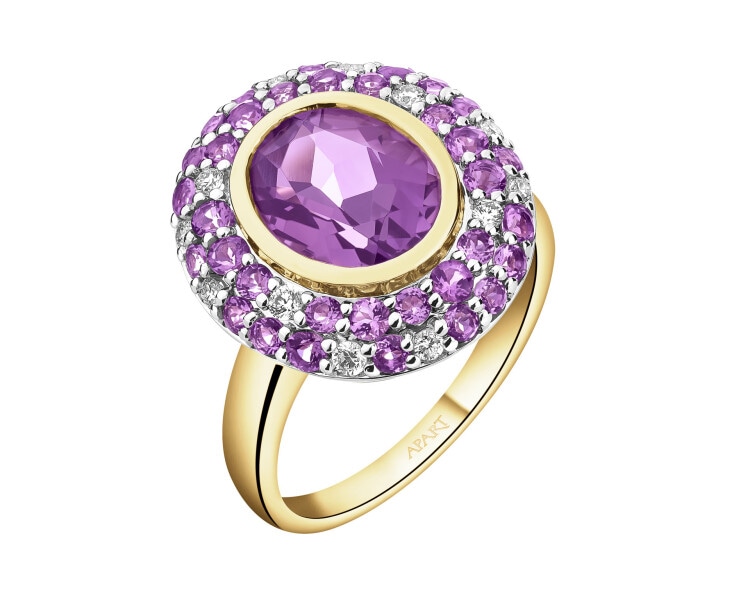 Zlatý prsten s brilianty a ametysty - ryzost 585
