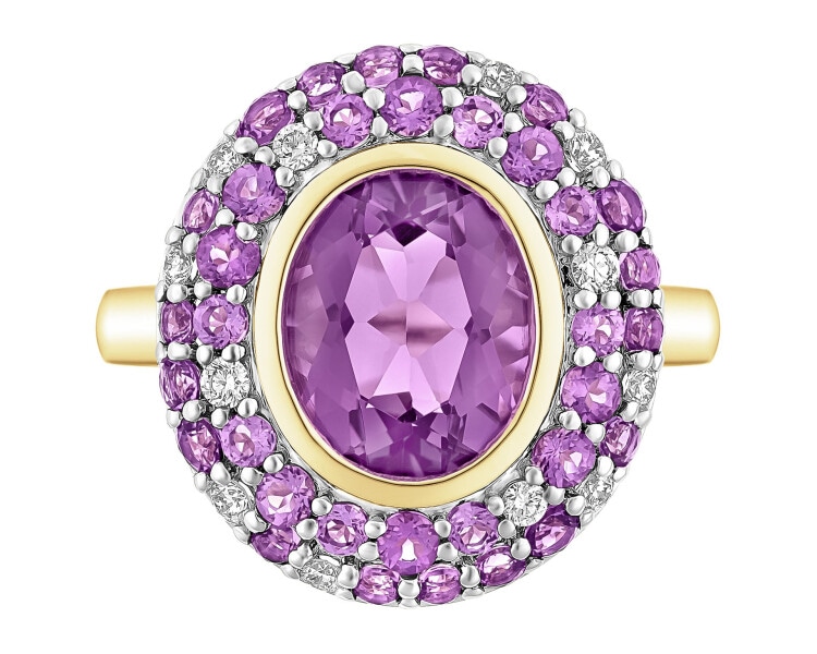 Zlatý prsten s brilianty a ametysty - ryzost 585