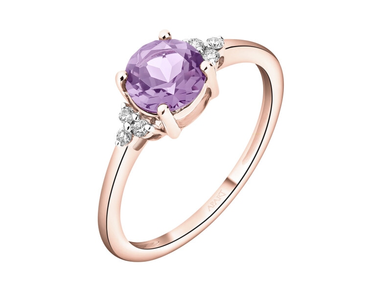 Pierścionek z różowego złota z brylantami i ametystem - próba 585