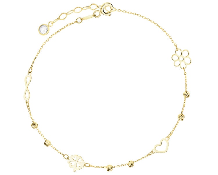 Złota bransoletka z cyrkonią - kwiat, serce, koniczyna, nieskończoność