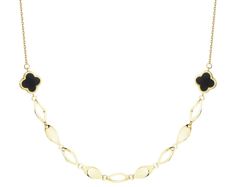 Złoty naszyjnik z onyksami syntetycznymi i cyrkonią - koniczyny