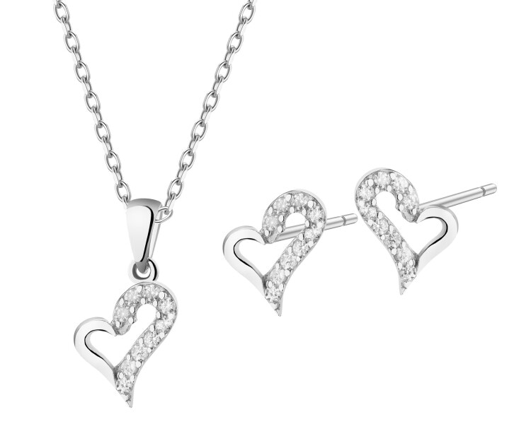Złote kolczyki i zawieszka z cyrkoniami - komplet - serca