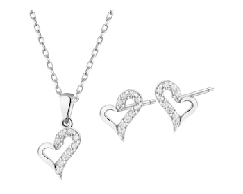 Złote kolczyki i zawieszka z cyrkoniami - komplet - serca