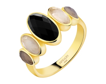 Pierścionek z mosiądzu pozłacany z agatami i kamieniami księżycowymi